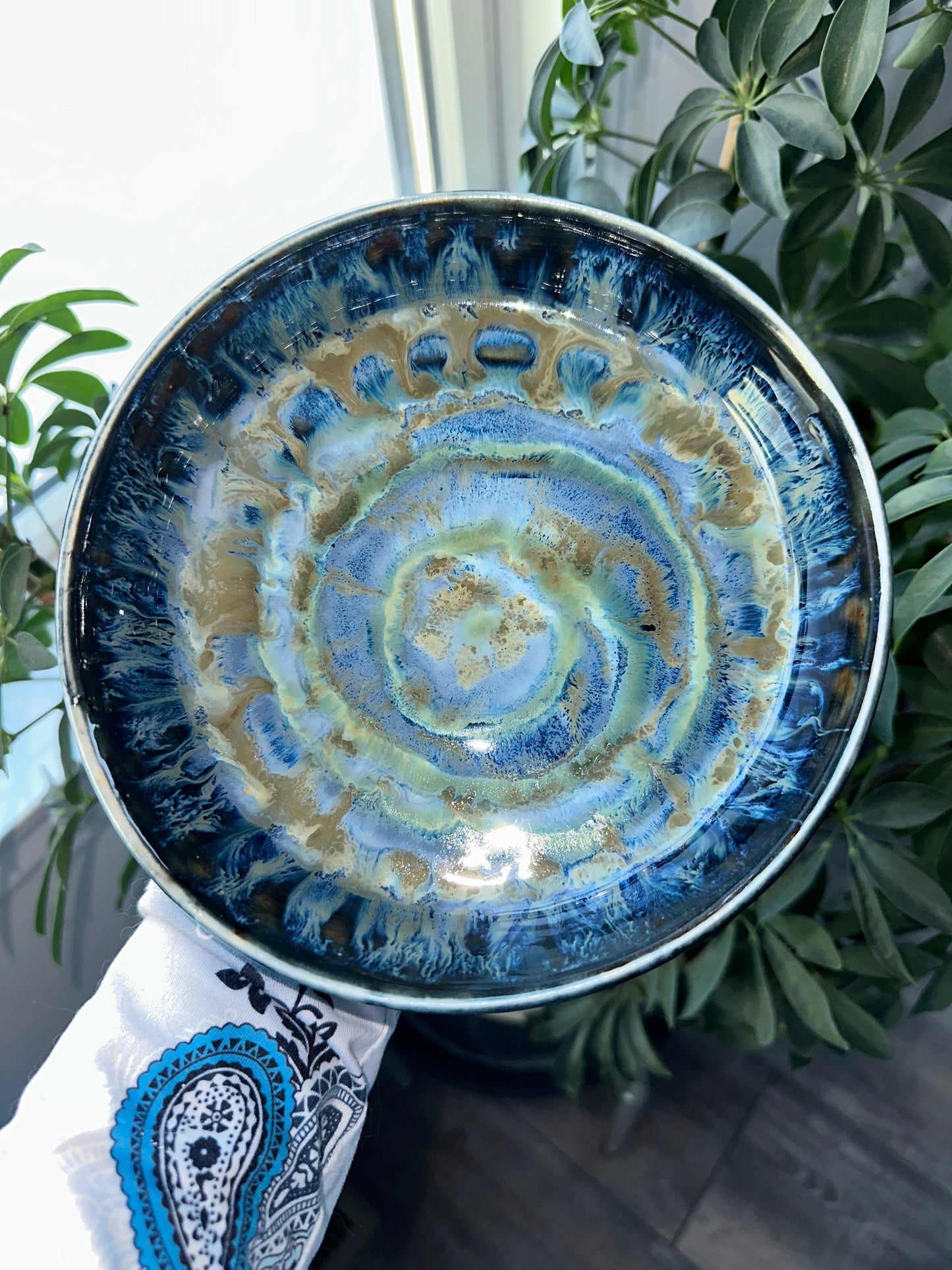 Shallow Bowl with Blues Swirls